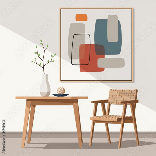 Modern abstract art painting on wall minimalist interior design with wooden table chair and vase for home decor and lifestyle concepts