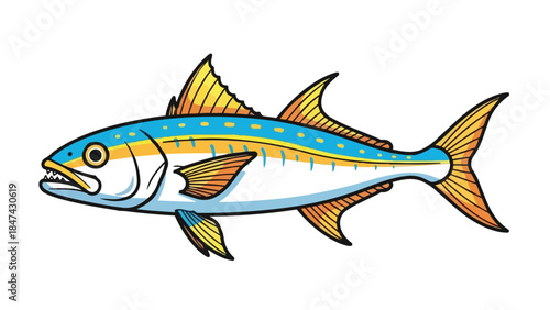 Vibrant and stylized illustration of a powerful, predatory fish with bright blue and orange fins and body on a white background