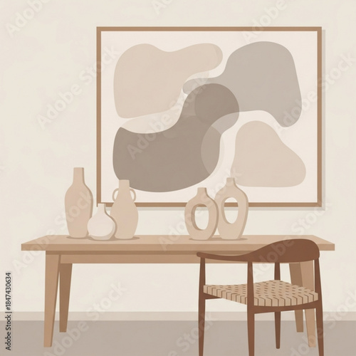 Modern dining room interior with abstract art and ceramic vases on a wooden table minimalist decor for home staging and interior design