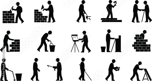 Construction worker silhouettes, manual labor icons, industrial tasks vector, black and white art, cad drawing flat vector illustration, building site activity, tools