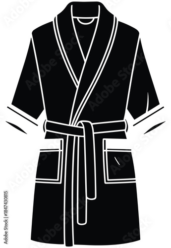 Black and white bathrobe vector illustration with belt, shawl collar, pockets, short sleeves, fashion garment sketch for apparel design.