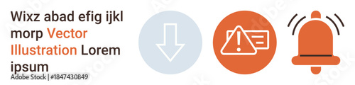 Digital alerts, notifications, data download, user communication, warning signs, web interface. Alert and notification icons with download and warning symbols. Digital alerts and notifications