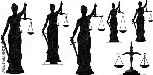 Lady Justice silhouettes, legal symbol vector, justice scales and sword, black and white art, cad drawing flat vector illustration, law icon set