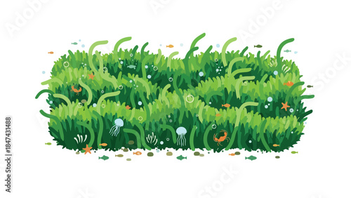 Vibrant underwater foliage teeming with diverse marine life and bubbling currents illustration