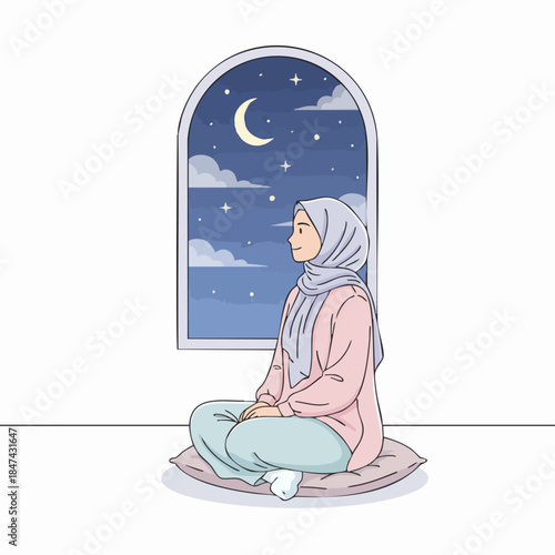 A Muslim woman relaxing and looking at the night sky.