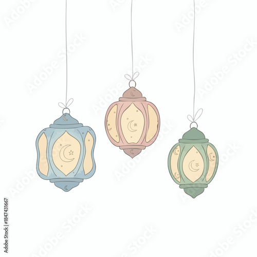 Three cute hanging Ramadan lanterns in pastel colors.