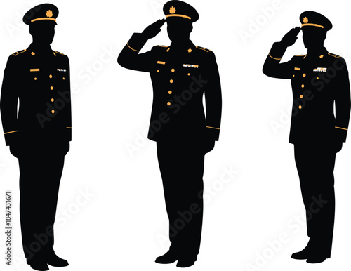 Military officer silhouette, formal uniform, saluting pose, ceremonial stance, peaked cap, black vector art, honor and discipline, cad drawing flat vector illustration