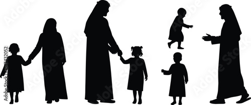 Muslim family silhouette, traditional clothing,  cultural bonding, parenting moments, Islamic lifestyle, black vector art, community connection, cad drawing flat vector illustration
