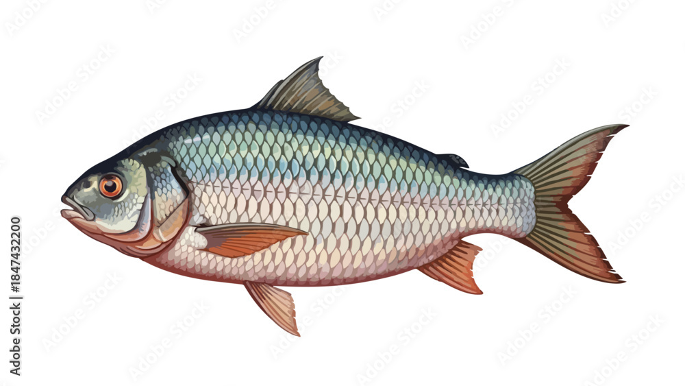 Fototapeta premium Detailed Illustration of a Freshwater Fish with Iridescent Scales and Orange Fins on a White Background, Aquatic Life.