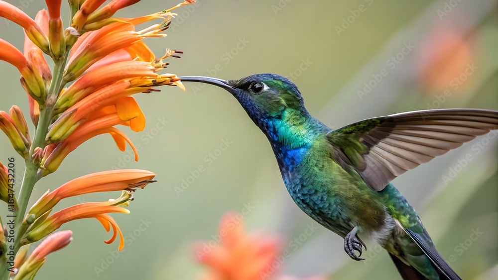 Fototapeta premium Hummingbird flying and feeding on a flower