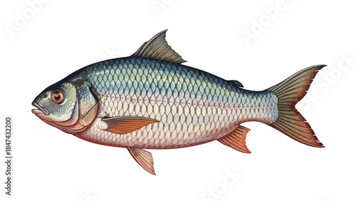 Detailed Illustration of a Freshwater Fish with Iridescent Scales and Orange Fins on a White Background, Aquatic Life.
