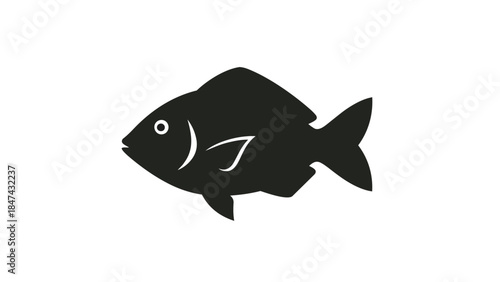 Striking black silhouette of a solitary fish against a crisp white background evoking simplicity and aquatic life