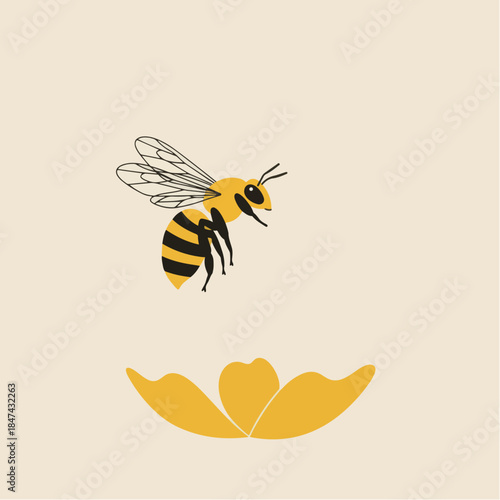 Stylized illustration of a honeybee flying towards a simple yellow flower.