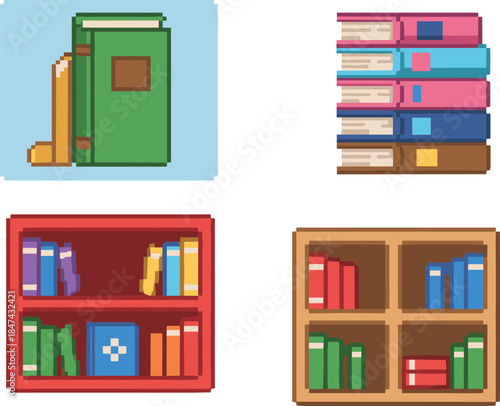 Pixel art books and bookshelves collection, retro 8 bit library elements, colorful education icons, isolated on white background