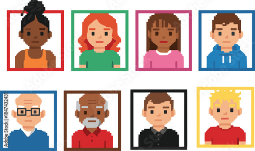Pixel art avatar portraits collection, diverse people faces, retro 8 bit characters, colorful profile icons, isolated on white background