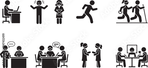 Business and Activity Icon Set with People and Office Scenes Keywords: business, people, icon, set, office, work, meeting, running, jogging