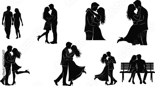Romantic couple silhouette, love pose, kissing moment, dancing scene, intimate embrace, bench sitting, flowing dress, passion, affection, vector art, illustration
