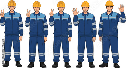 Industrial workers in safety uniforms and helmets showing hand gestures for teamwork, counting, and safety awareness on white background vector