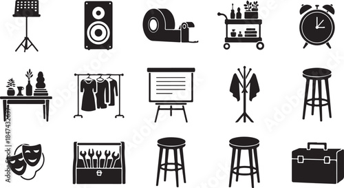 Collection of black and white icons representing various objects and items Keywords: music stand, speaker, tape dispenser, trolley, alarm clock