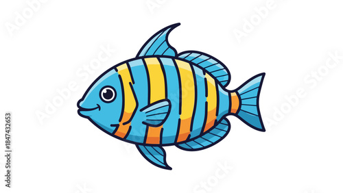 Playful Blue and Yellow Striped Cartoon Fish with a Friendly Smile Underwater Illustration