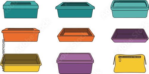 Collection of colorful rectangular containers and a yellow zippered pouch storage plastic
