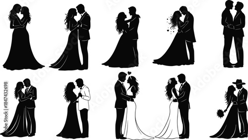 Romantic couple silhouette, wedding pose, engagement moment, love celebration, formal attire, embrace, kiss, dance, cowboy groom, heart symbol, vector illustration