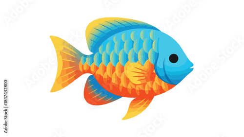 Vibrant Tropical Fish Illustration with Scaly Patterned Body in Blue and Orange Hues Isolated on White Background