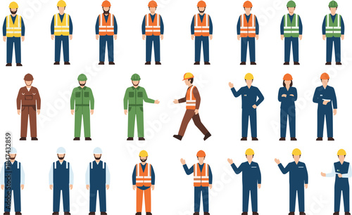 Industrial workers in safety gear, construction uniforms, helmets, vests, and coveralls representing diverse job roles on worksite vector illustration