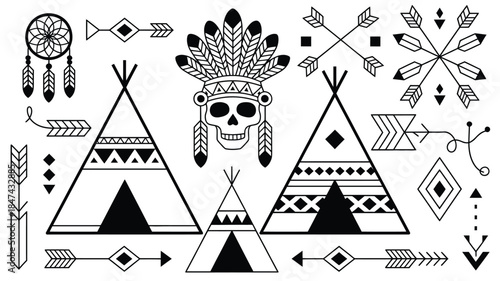 Collection of Native American inspired symbols featuring teepees, a dreamcatcher, arrows, and a skull
