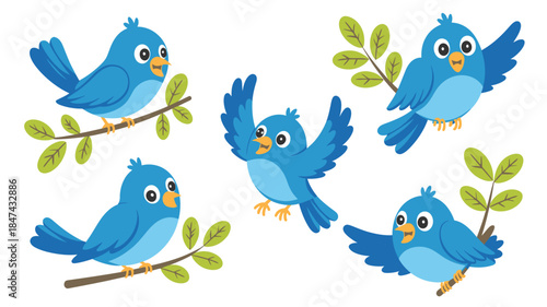 Collection of five cheerful blue cartoon birds in various poses including perched on branches and flying