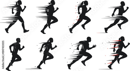 Running people silhouettes, dynamic motion vector, speed effect illustration, black and white art, cad drawing flat vector illustration, athletic movement design