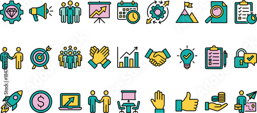 Business management line icons set, startup strategy teamwork growth analytics marketing success symbols, modern outline vector illustration collection
