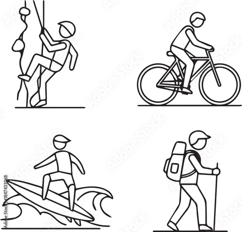 Icons of Outdoor Adventure Sports and Activities in Outline Style activity illustration
