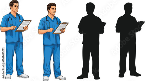 Male healthcare professional in blue scrubs with clipboard and stethoscope, full color and silhouette medical character illustration for design