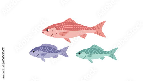 A trio of stylized aquatic creatures rendered in soft pastel hues swimming in unison against a blank backdrop.