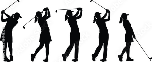 Female golfer swing sequence silhouette showing full golf swing motion isolated on white background vector illustration set collection