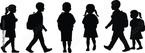 School children silhouette, walking with backpacks, educational theme, student group, black vector art, back to school, cad drawing flat vector illustration