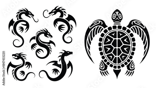 Collection of tribal black silhouette dragons and a large stylized sea turtle swimming