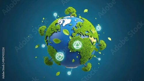 A vibrant digital representation of Planet Earth, showcasing lush greenery and interconnected environmental icons symbolizing sustainability and global ecological awareness