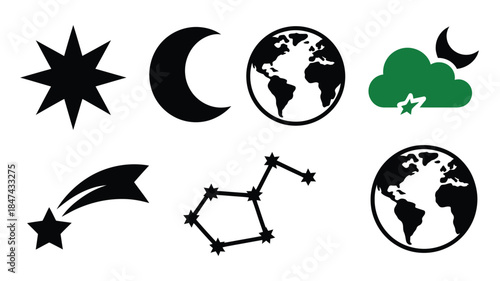 Collection of various black celestial body icons including stars, crescent moons, Earth globes, and constellations