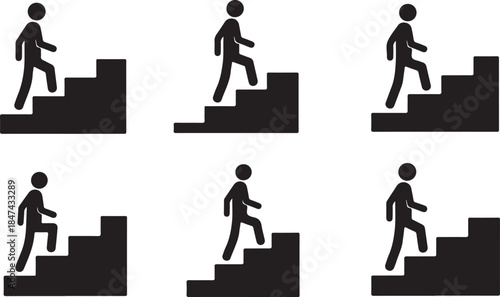 People Climbing Stairs Icons SilhouetteTitle:Six black silhouette icons of people climbing stairs on a white backgroundKeywords:people, climbing