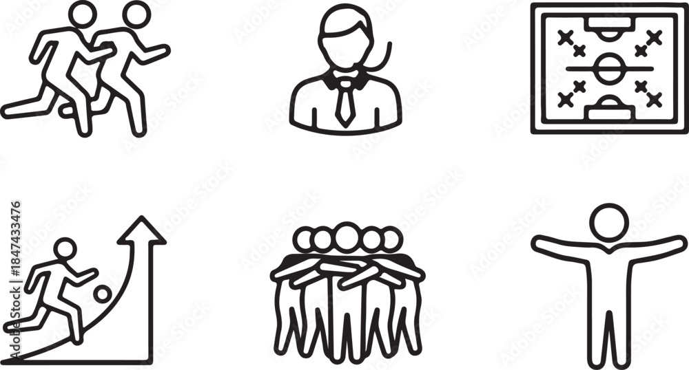 Fototapeta premium Set of six simple line art icons illustrating business and sports concepts