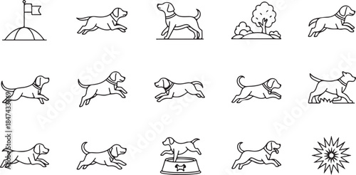 Set of Dog Icons Showing Various Poses and Actions in Outline Style puppy canine