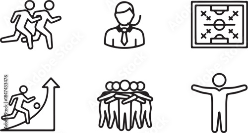 Set of six simple line art icons illustrating business and sports concepts