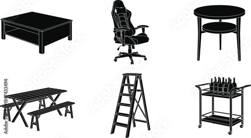 Furniture silhouette icon set featuring table, chair, bench, ladder and trolley designs isolated on white background for interior use
