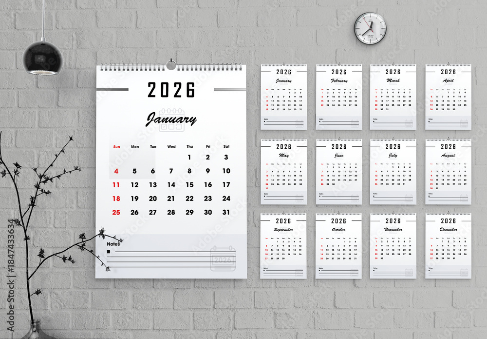 Clean Minimal 2026 Wall Calendar Design Stock Template | Adobe Stock