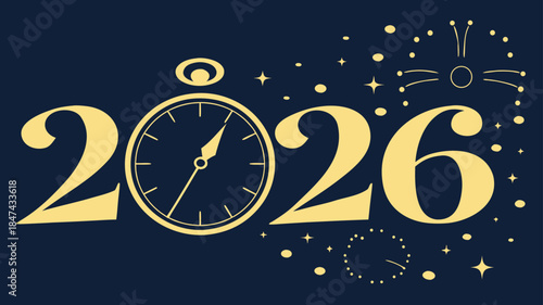 Celebrating the arrival of the year 2026 with a festive design featuring a vintage clock face and celebratory fireworks, ushering in the new year.