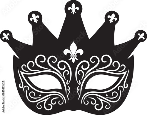 Elegant black masquerade mask with crown and fleur de lis detail