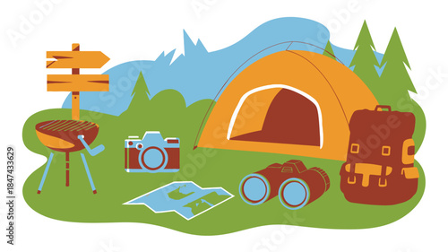 Colorful vector illustration showing essential camping gear in a beautiful outdoor forest setting