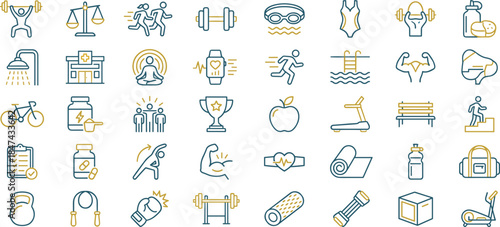 Fitness wellness line icons set, exercise health gym workout yoga nutrition sports medical lifestyle symbols modern outline vector collection design
